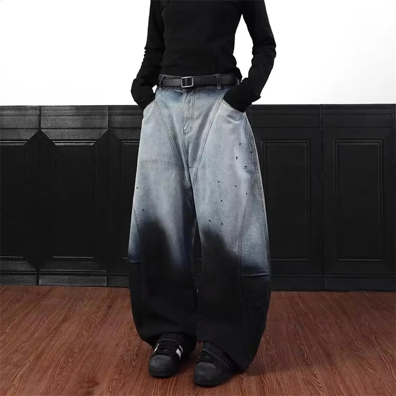American retro gradient high street splash ink personality loose curved knife hip-hop jeans mens and womens trendy casual pants 250423
