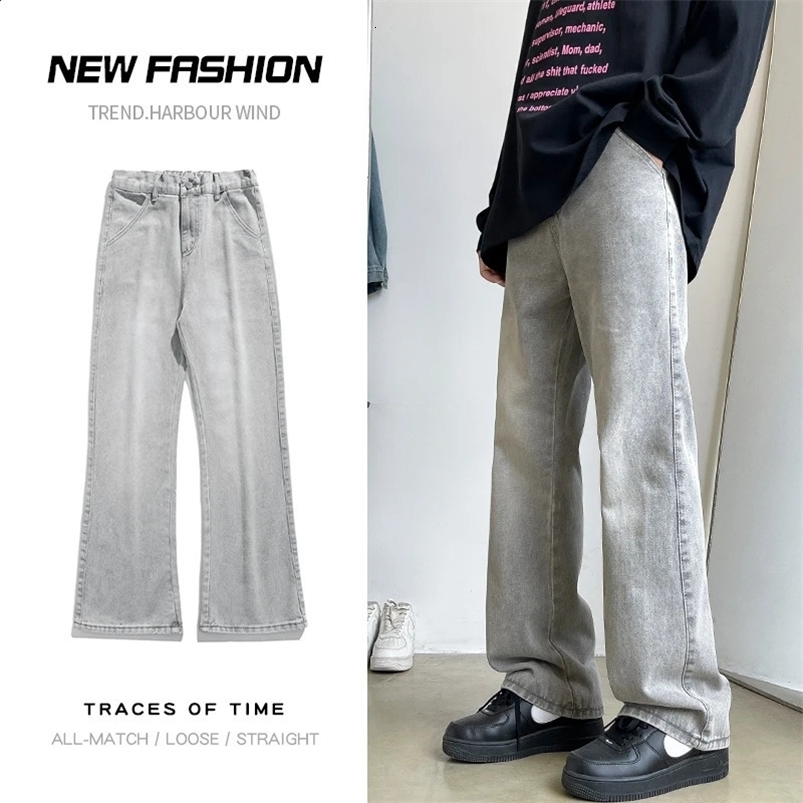 Mens retro light gray boot jeans fashion Korean street denim elastic waist comfortable pants mens clothing 250423
