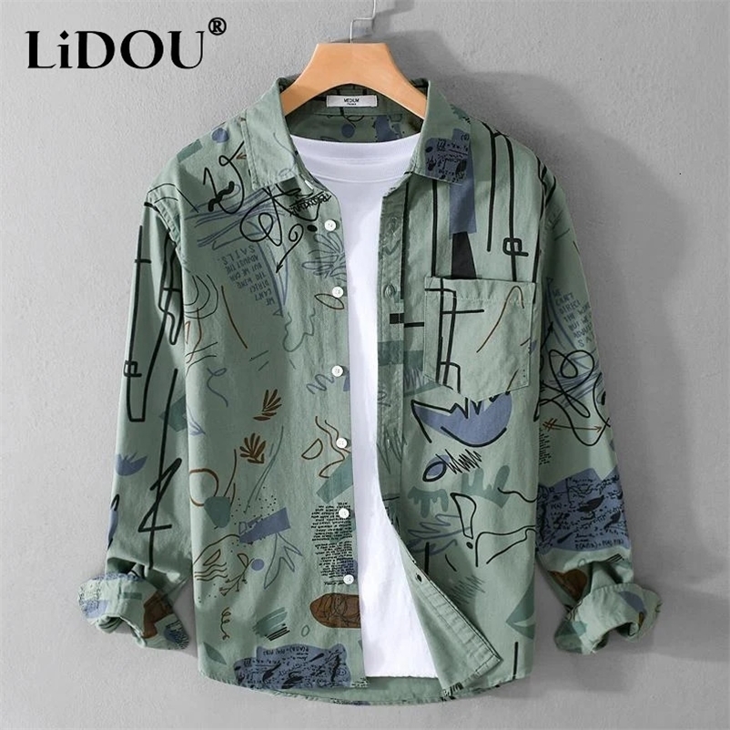 Spring Autumn Turn-down Collar Shirt Man Fashion Single Breasted Long Sleeve Cardigan Men Vintage Graffiti Printing Coat 240704