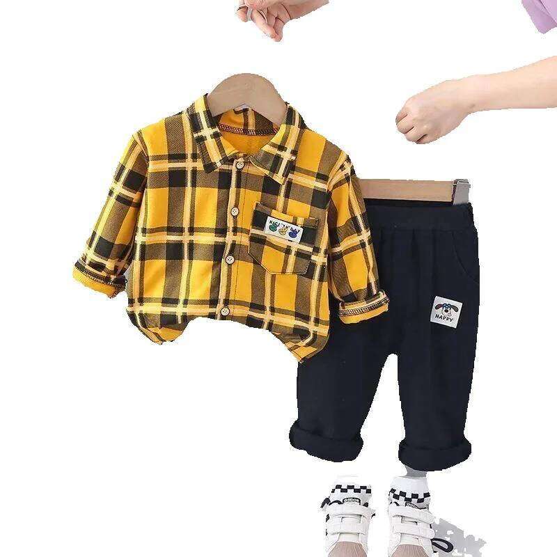 Autumn Newborn Clothes: Plaid Toddler Outfit - Stylish Long Sleeve Shirt and Pants Set for Boys, Perfect Spring/Autumn Two-Piece Suit