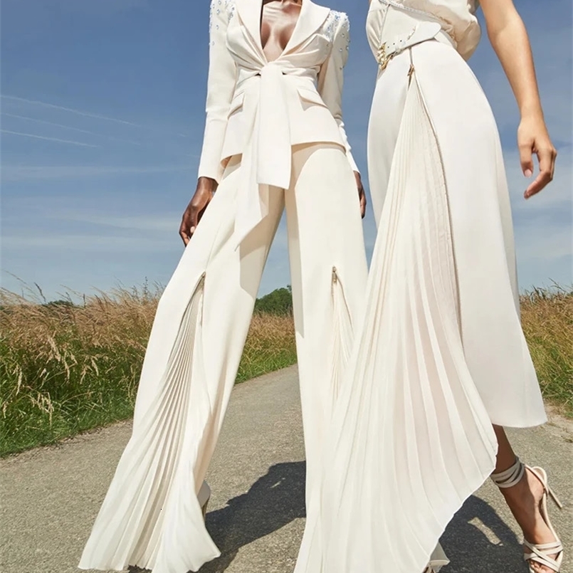 HIGH QUALITY est Fashion Suit Set Womens Lacing Belt Blazer Pleated Zip Pants Set 2pcs Set 241203