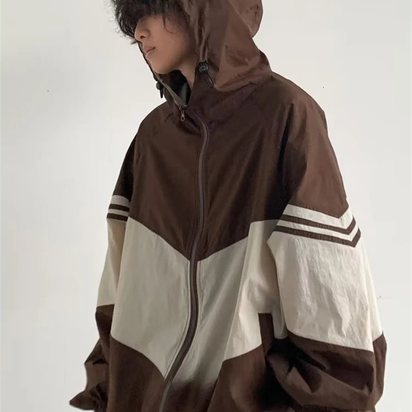 Mens jacket hoodie pocket patch color scheme is fashionable comfortable waterproof casual retro Japanese style fashionable 241214