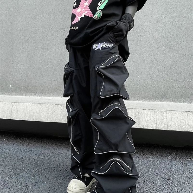 Y2k Cargo Pants Men Five Pointed Star Three Dimensional Multi Pocket Black Pants Reflective Casual Straight Leg Pants Streetwear 240814