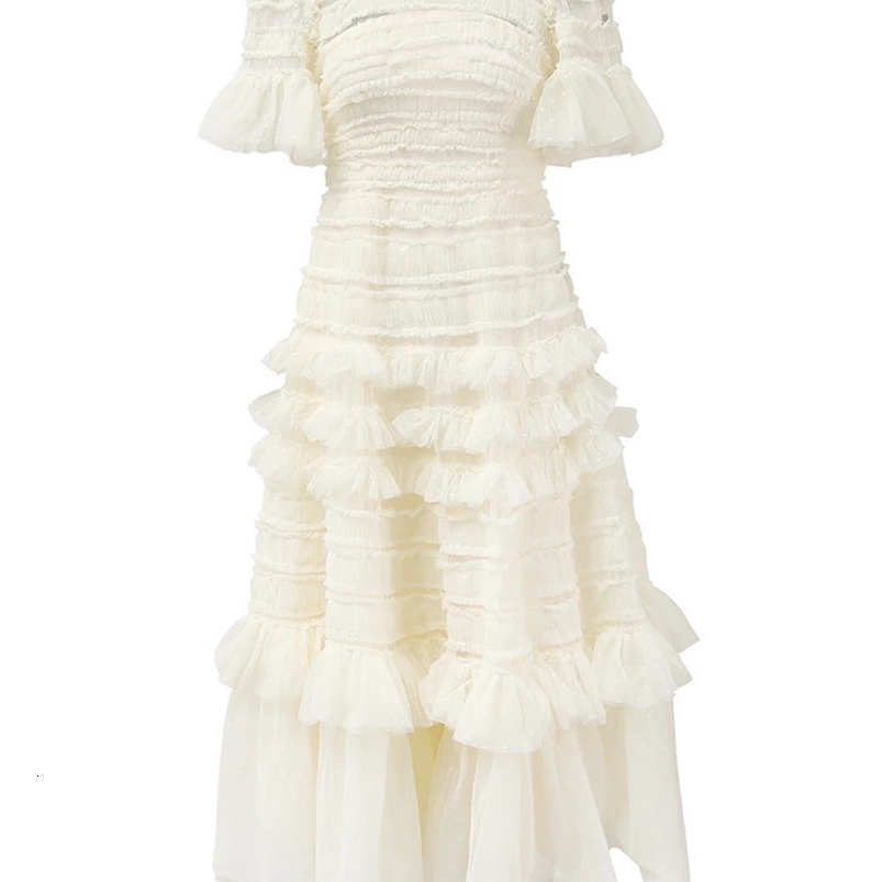 IEQJ Solid Retro Fungal Puff Sleeve Lace Strap Dress Elegant Ultra Thin Elegant Womens Dress 2025 Summer Clothing 250103