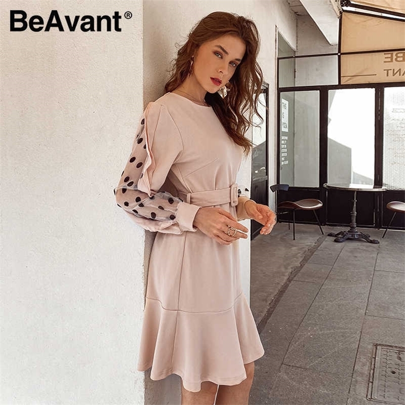 BeAvant Elegant solid apricot dress women Autumn Crew neck female long sleeve Splicing dress office ladies winter dress 210709