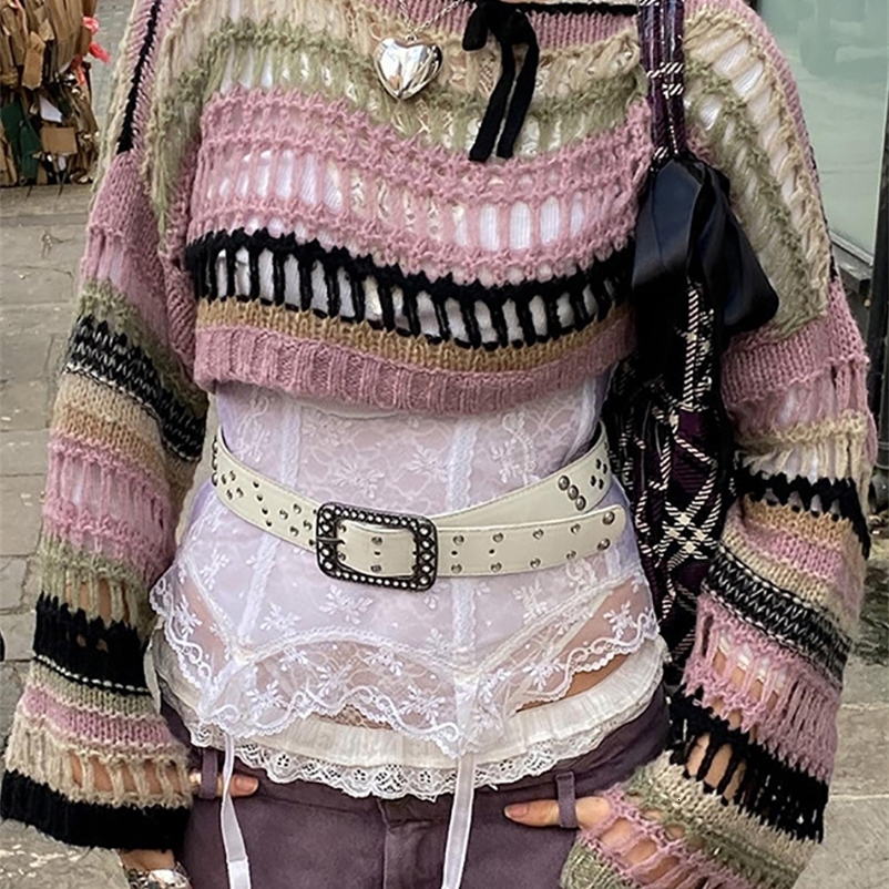 Women's Sweaters Goth Dark Kitted Vintage Gothic Loose Hollow Out Sweaters Retro Y2k Fairy Grunge Streetwear Crop Shrug Tops Sexy Striped Outwear