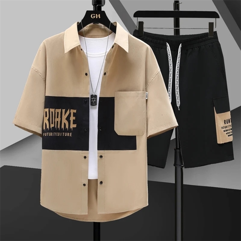 Summer 2 Pieces Set Tracksuit Mens Two Shirt Shorts Harajuku Streetwear Oversized Men Sets Short Outfits Suits 240518