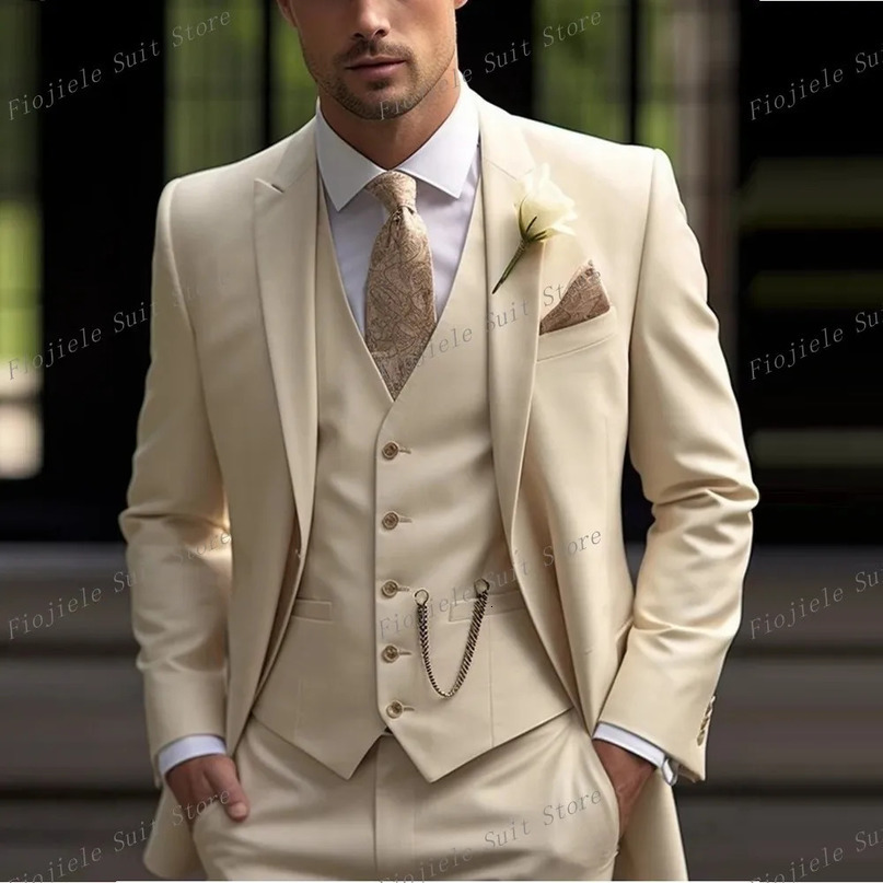 Beige Business Suit Men Tuxedos Groom Groomsman Prom Wedding Party Formal 3 Piece Set Jacket Vest Pants 240412