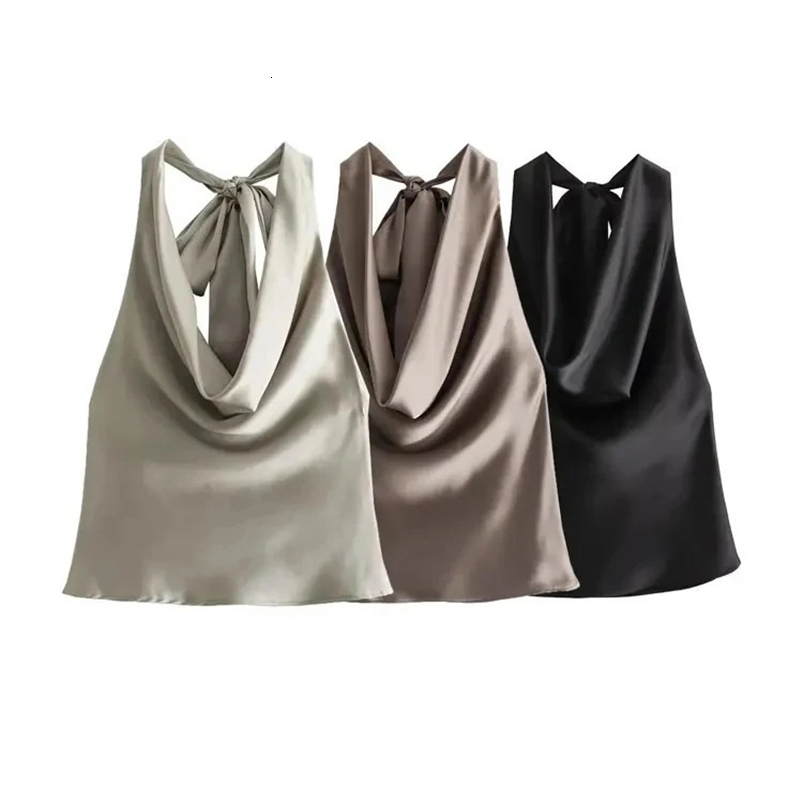 TRAF-Womens Flowing Draped Halter Neck Tank Tops With Bow Tied Backless Sleeveless Female Camis Sexy Fashion 250228