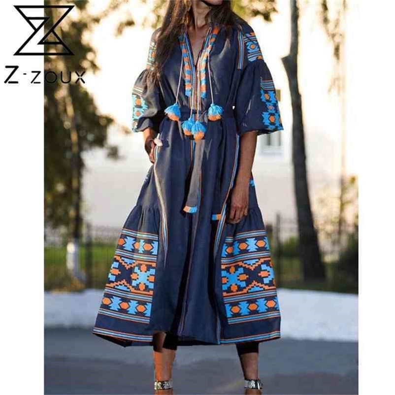 Women Dress Printing Dresses Lantern Sleeve V-neck Plus Size Vintage Long Woman Clothing Autumn 210513