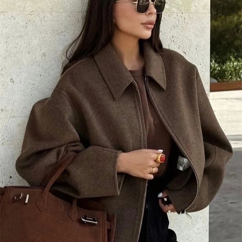 Fashion Brown Zipper Woolen Jacket For Women Elegant Lapel Long Sleeve Short Coats Female Vintage Autumn Lady Street Outerwear 250208