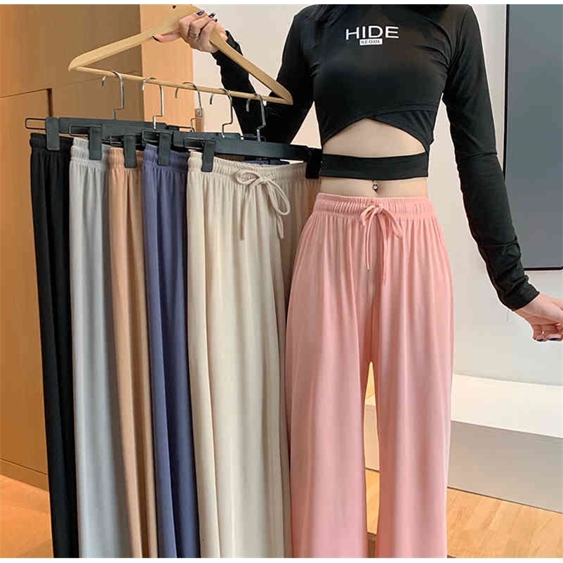 Pants & Capris Solid Thin Loose Elastic High Waist Pink Wide Leg Pant Drawstring Casual Chic Korean Wild Women Clothing Bottom 210429