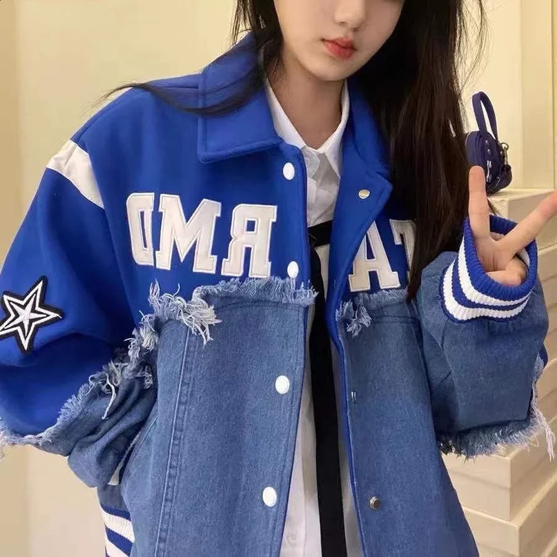 womens denim patch work jacket oversized sports top bomber jacket American streetwear retro baseball shirt 240930
