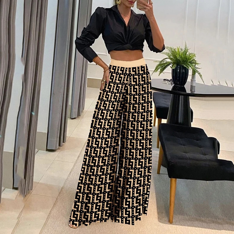 Fashion Women Sets Bohemia Beach Style Street Trendy VNeck Long Sleeve Shirt Top Wide Leg Pants High Waist Set 240423