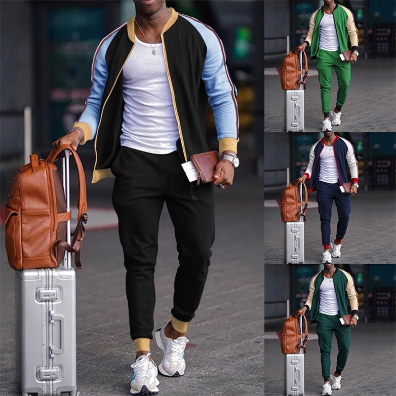 Men's Tracksuits Youth Fashion Station Collar Zipper Cardigan Set Men's Vintage Color Matching Casual Sports Advanced Set 230424