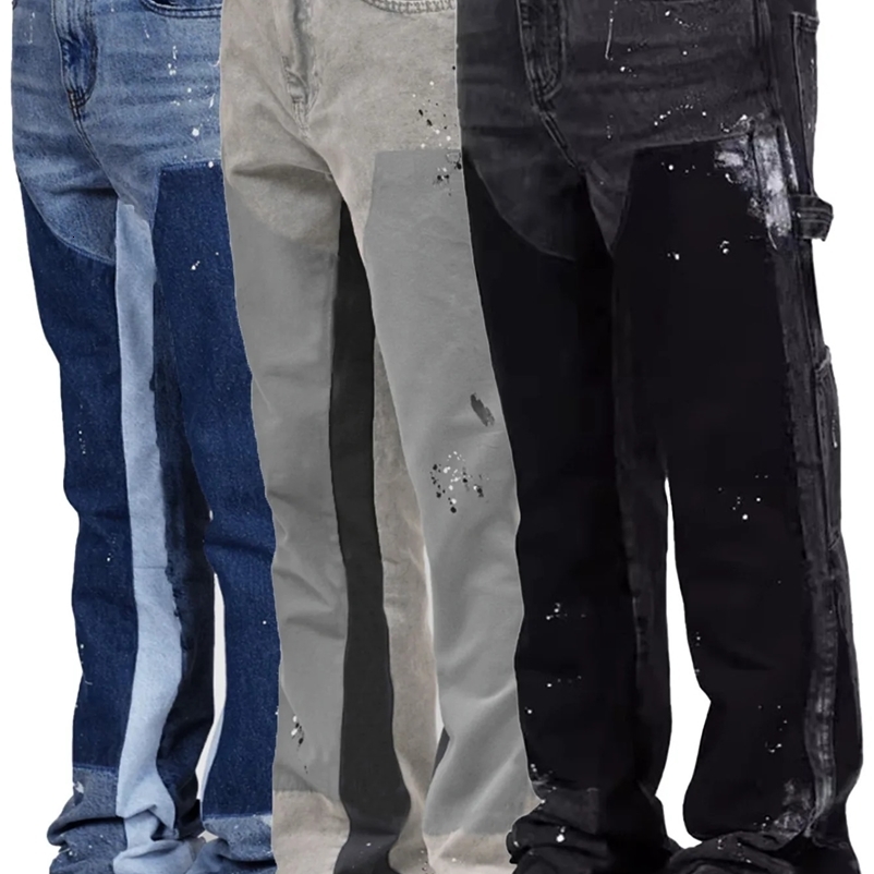 Hand-painted Black Mens Stacked Flared Pants Contrast Color Spliced Casual Denim Outwear For Male 240912