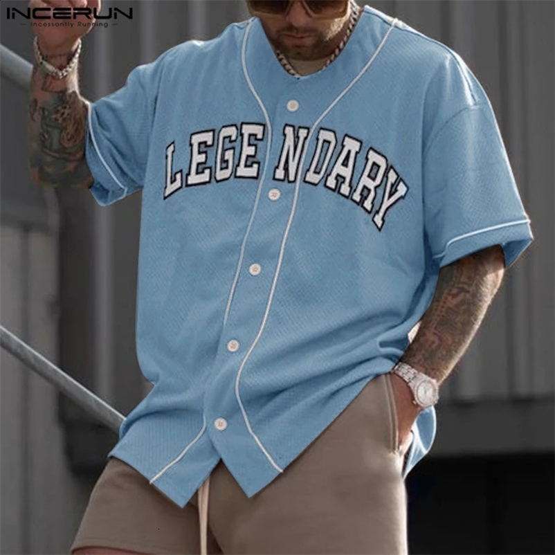 INCERUN Tops American Style Fashion Men Letter Pattern Printed Shirt Casual Streetwear Male Collarless Short Sleeved Blouse 250224