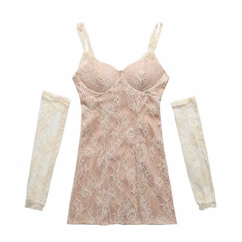 Summer Lace Dress Women Separate sleeves Vintage Elegant Chic Lady Corset Short Dress Women 210709