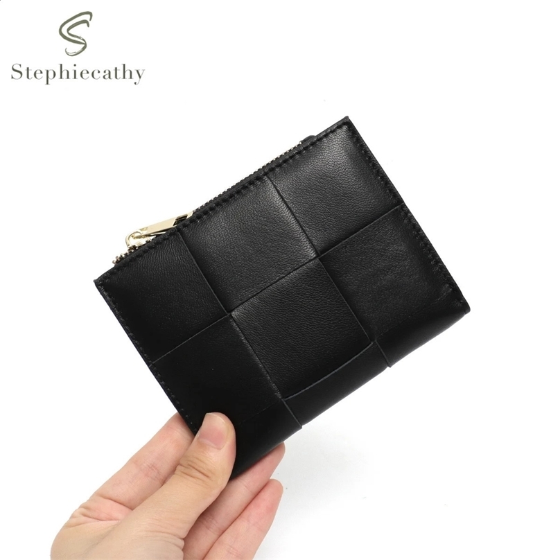 Real Lambskin Leather Woven Short Wallet Women Mini Portable Coin Purses Cash Note Card Multi Pockets 240828