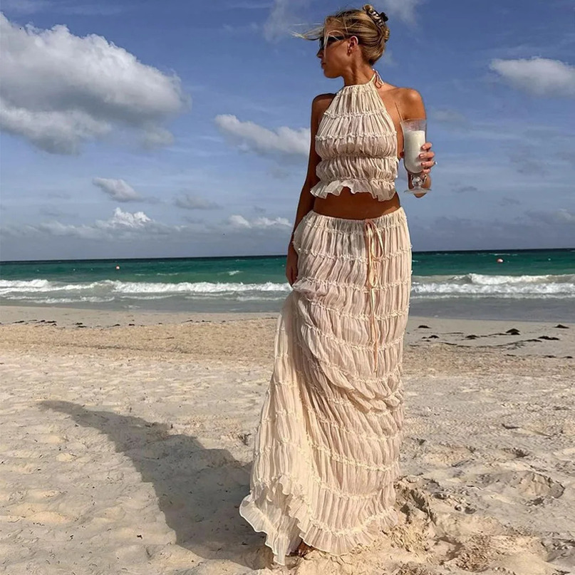 Female 2 Piece Set Skirt Suit Women Sling Halter Short Tops Sleeveless Backless Skirts Long Summer Sexy Outfits 240423