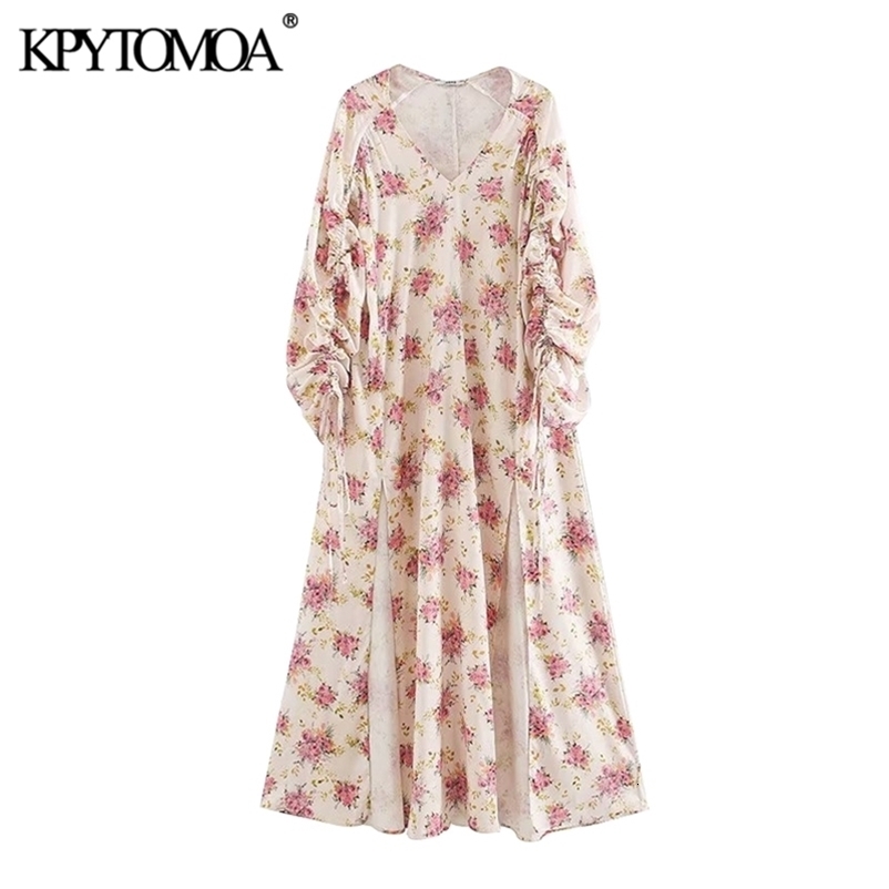 Women Chic Fashion Floral Print Midi Dress Drawstring Three Quarter Sleeve Slit Female Dresses Vestidos 210420