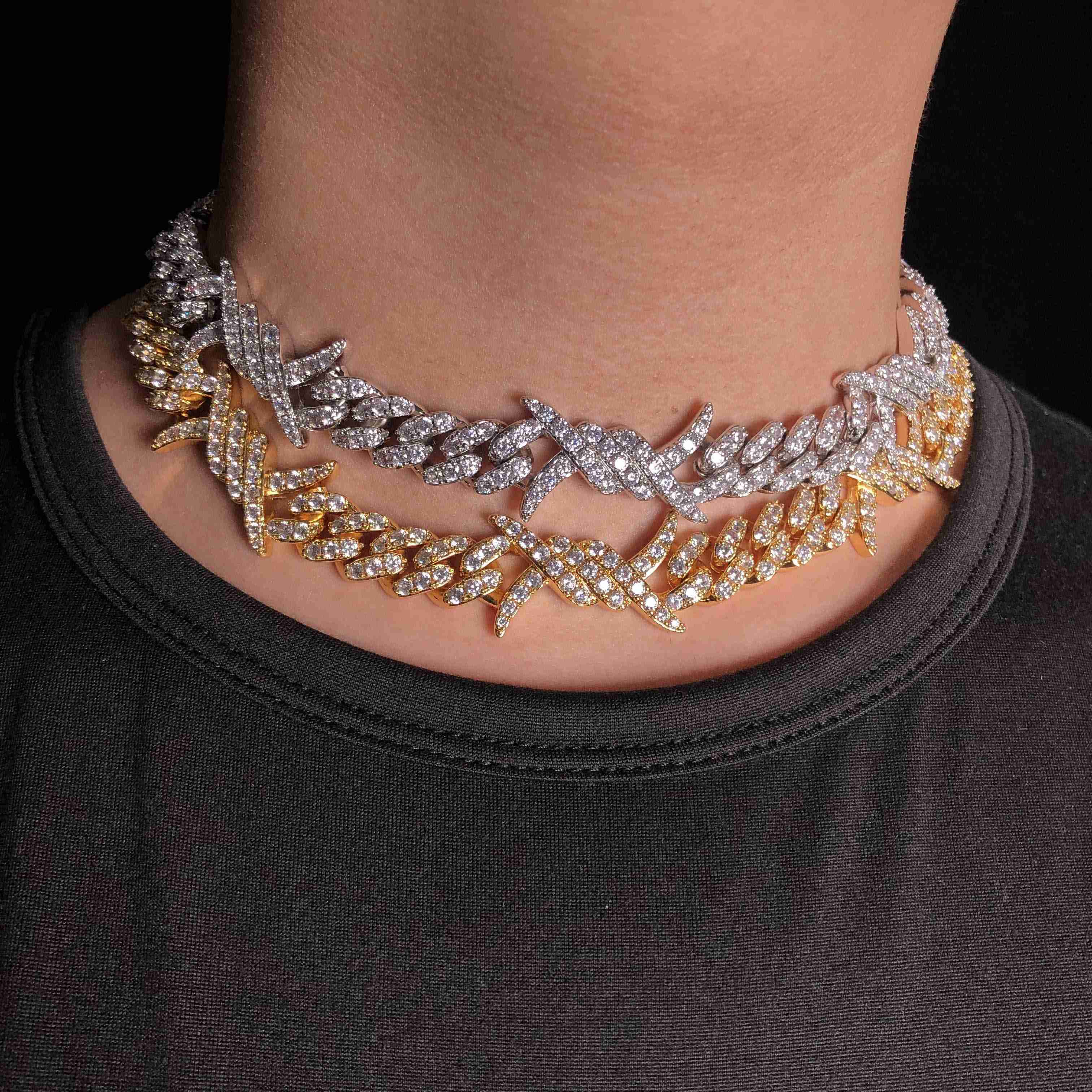 12MM Iced Buckle Cuban Link Cubic Chains in Yellow Gold and White Gold