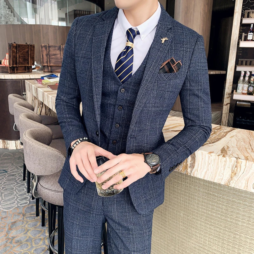 High Quality British Korean Modified Plaid Men suit Vest Trousers Stylish and Handsome Business Casual Threepiece Suit 240412