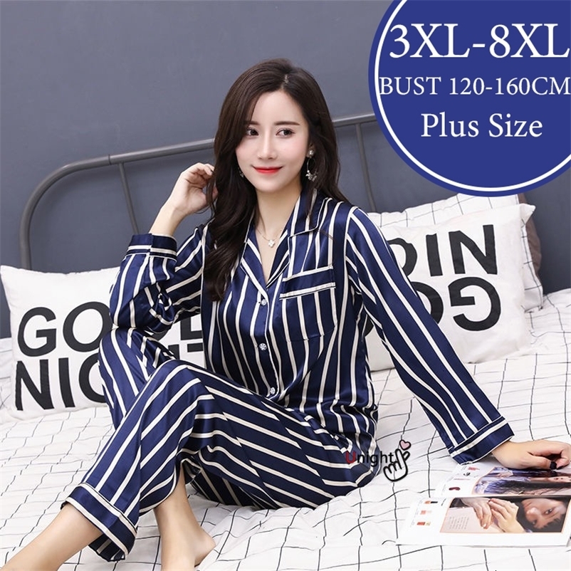 Women's Sleepwear 3XL-8XL Satin Pajamas Large 5XL Trouser Suit Women Pyjamas Casual Set Silk Sleepwear Nightwear Home Clothes Loungewear Pijama 2