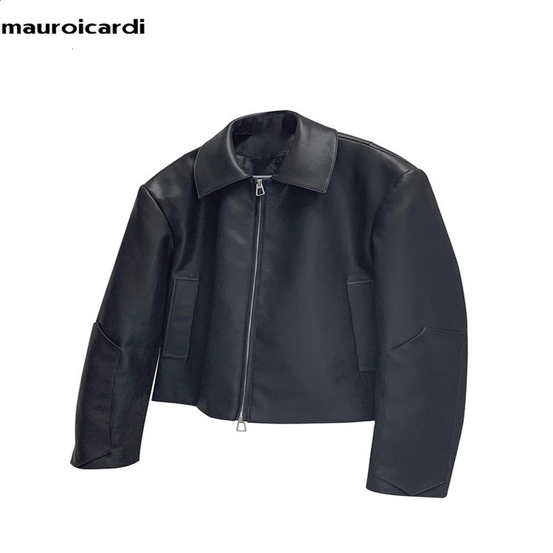 Mauroicardi Spring Autumn Black Soft Lightweight Pu Leather Jacket Men Zipper Turndown Collar Loose Casual Korean Fashion 241217