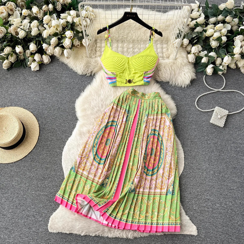 Summer Holiday Sexy Baroque Chain Two Piece Set Womens Simple Metal Buckle Spaghetti Strap Crop Top Pleated Midi Skirt Suit 240423