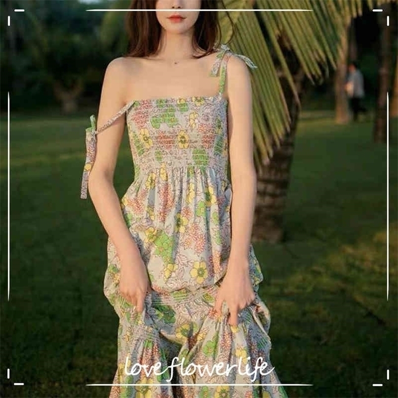 Summer French Elegant Spaghetti Strap Dress Women Floral Midi Dress Female Sweet Party Evening Beach Dress Korea 210521