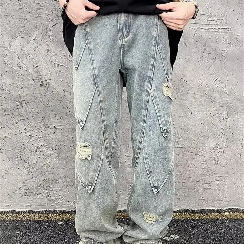 Ropa Y2K Streetwear Washed Blue Ripped Stacked Jeans Pants For Men Vintage Clothes Straight Hip Hop Denim Trousers Spodnie 240912