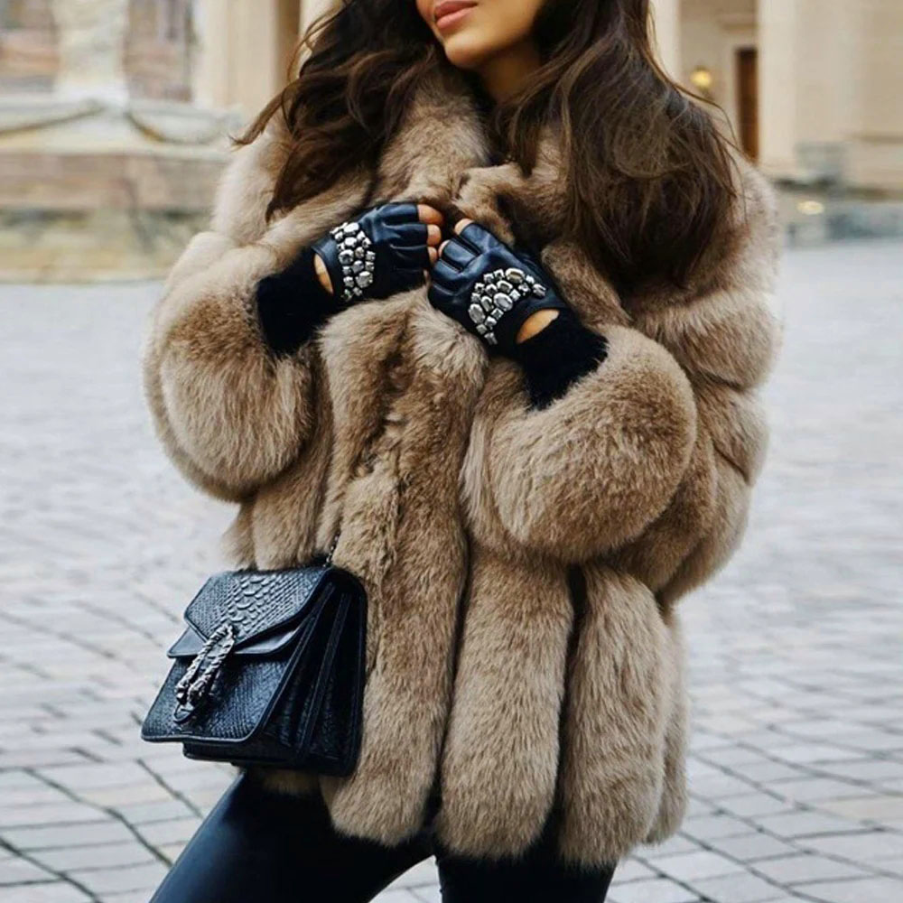 2025 Winter Plus Size Faux Fur Long Coat Women Elegant Long Sleeve Fluffy Cardigan Jacket Ladies Large Thick Warm Furry Outwear