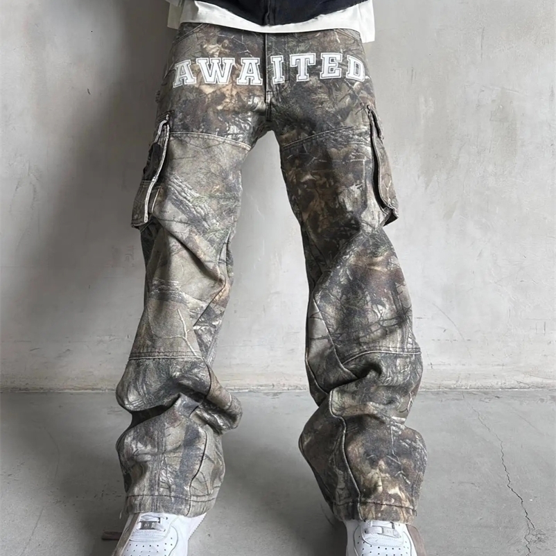 Y2K Retro Fashion Camouflage Cargo Pants Men Streetwear Baggy Jeans Wide Leg Straight Trousers Multiple Pockets Denim Pants 250208