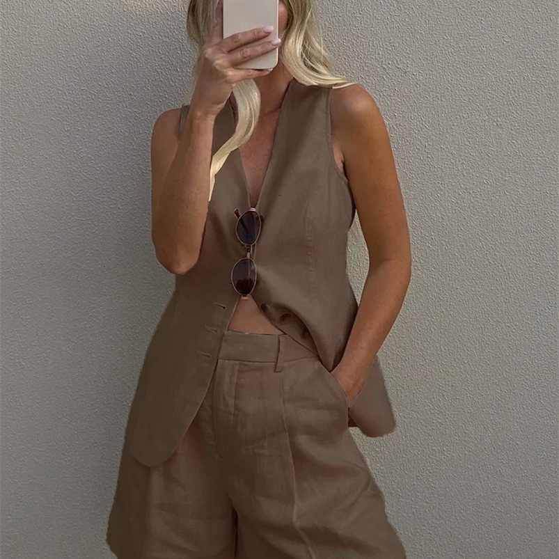 Bronlades cotton linen fashionable casual vest shorts set womens summer commuting sleeveless vest top shorts 250402