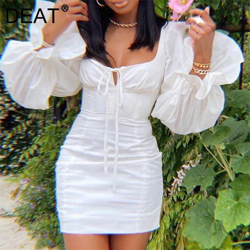 DEAT Women Dress Square Collar Long Petal Sleeve Arrivals Lady Sexy Temperament Fashion Spring Summer 11D1117 210709