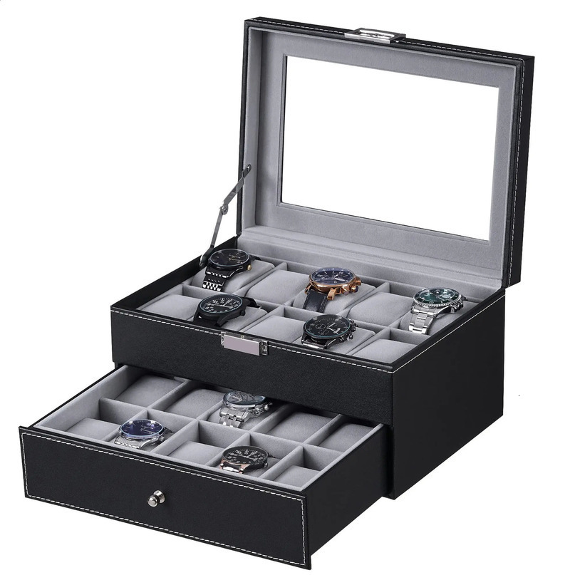20 slot watch manager case with glass cover 2 layers lockable display black synthetic leather gray 240912