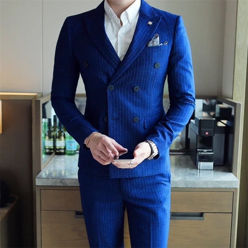 Stripe Suit Pants Mens British Style Fashion Boutique Slim Fit Party Double Breasted 2 Pieces Sets Blazers Jacket Coat Trousers 240518