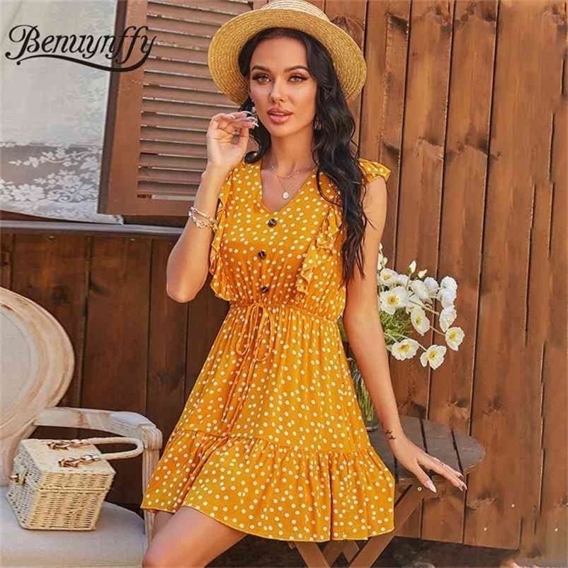 V-neck Polka Dot Ruffle Button Women Dresses Summer Holiday Casual Drawstring Waist Sleeveless A-Line Mini Dress 210510