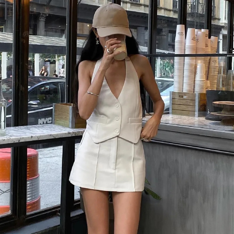 Combhasaki Women 2Piece Outfits Skirt Set Fairycore Halter Neck Sleeveless Backless Crop Tops Mini Aline Suit Streetwear 240415