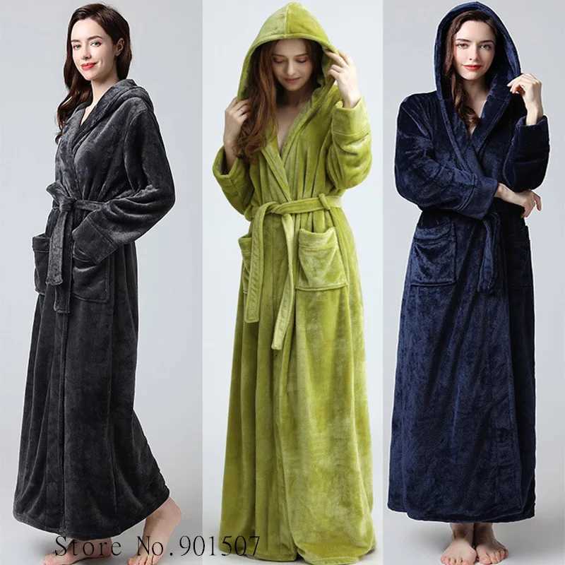 Extra Long Winter Coral Fleece Bathrobe Women Hooded Warm Kimono Bath Robe Cozy Kimono Shower Robes Loose Peignoirs Nightgown Z250924