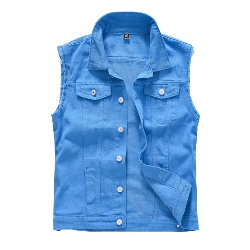 Men Blue Denim Vest Y2K Fancy Color Slim Fit Waistcoat Casual Sleeveless Tank Top 240704