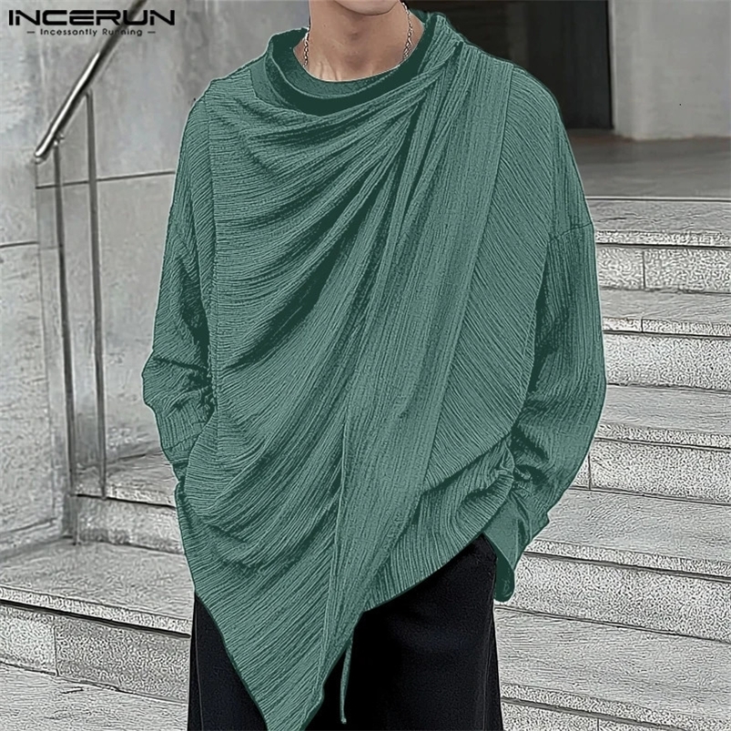 INCERUN Tops Korean Style Fashion Men Pleated Patchwork Shirt Casual Streetwear Men Solid Long Sleeved Loose Blouse 250207