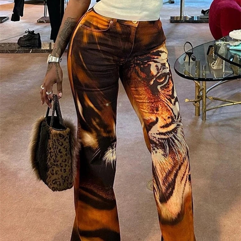Weird Puss Tiger Print Flare Pants Women Y2K Summer Trend Skinny Elastic Wild Casual Streetwear Basic High Waist Trousers 240829