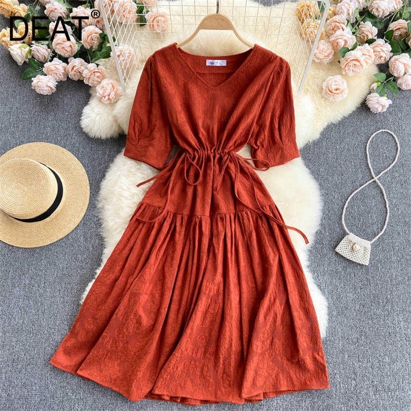 DEAT Women Drawstring Ruffles Dress V-Neck Short Sleeve Arrivals Lady Temperament Fashion Spring Summer 11D599 210709