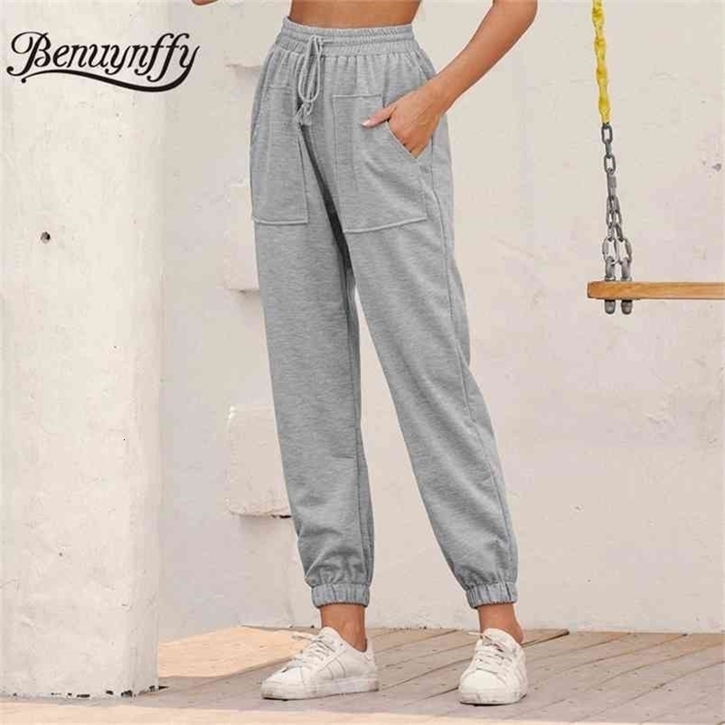 Pockets Grey Drawstring Waist Sweatpants Women Autumn Streetwear Casual Korean High Ladies Knitted Sports Pants 210510