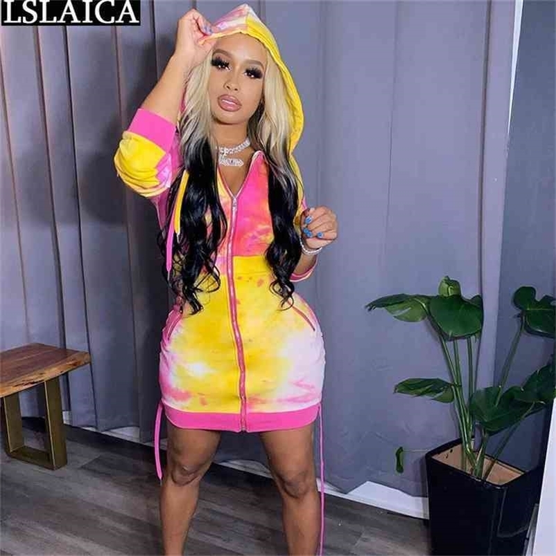 Long Sleeve Hoodied Dress for Women Zipper Pockets Slim High Waist Bodycon Tie Dye Autumn Winter Sweatshirt 210515