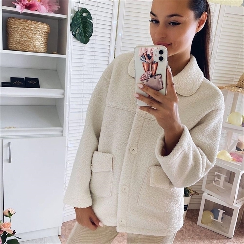 Women fur jacket thick warm faux cashmere two pockets furry jackets casual faux fur turndown collar female winter styled coat