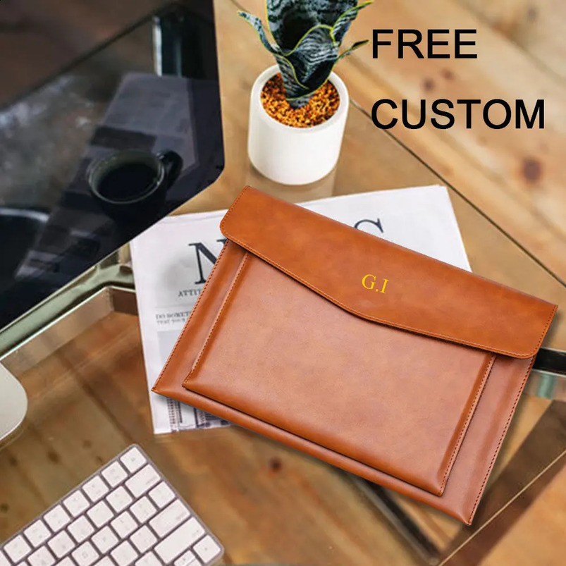 Free customized letter A4 leather file folder business briefcase magnetic button waterproof laptop case office organizer 240810