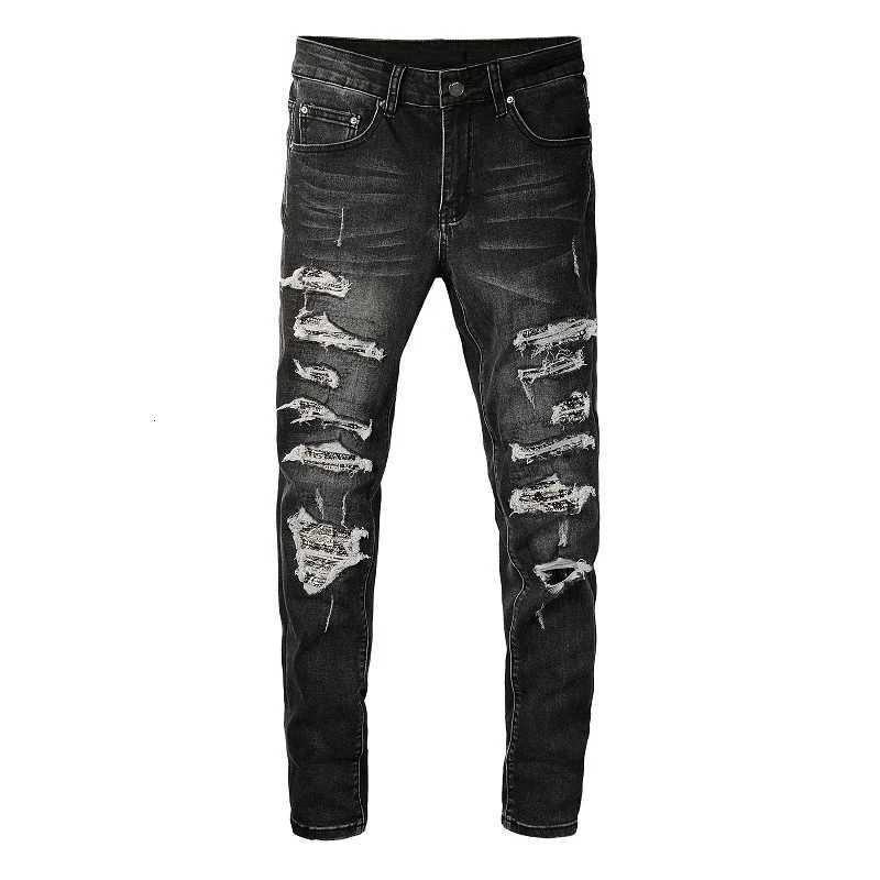 Mens Cracked Bandana Patch Jeans Strtwear Paisley Printed Pleated Patchwork Biker Pants Skinny Tapered Stretch Denim Trousers X250924